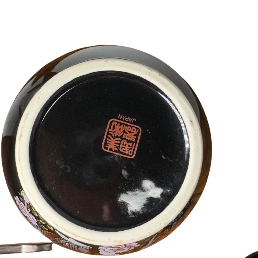 Vintage Japanese Black Porcelain Peacock Vase Ginger Jar Tea Cup Set 7pc Japan